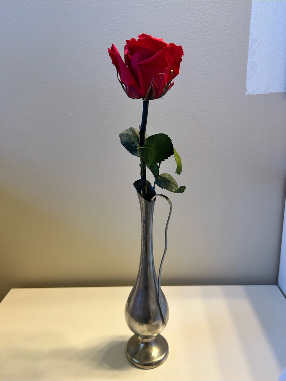 Classic vintage pewter Bud Vase with Red Rose Accent